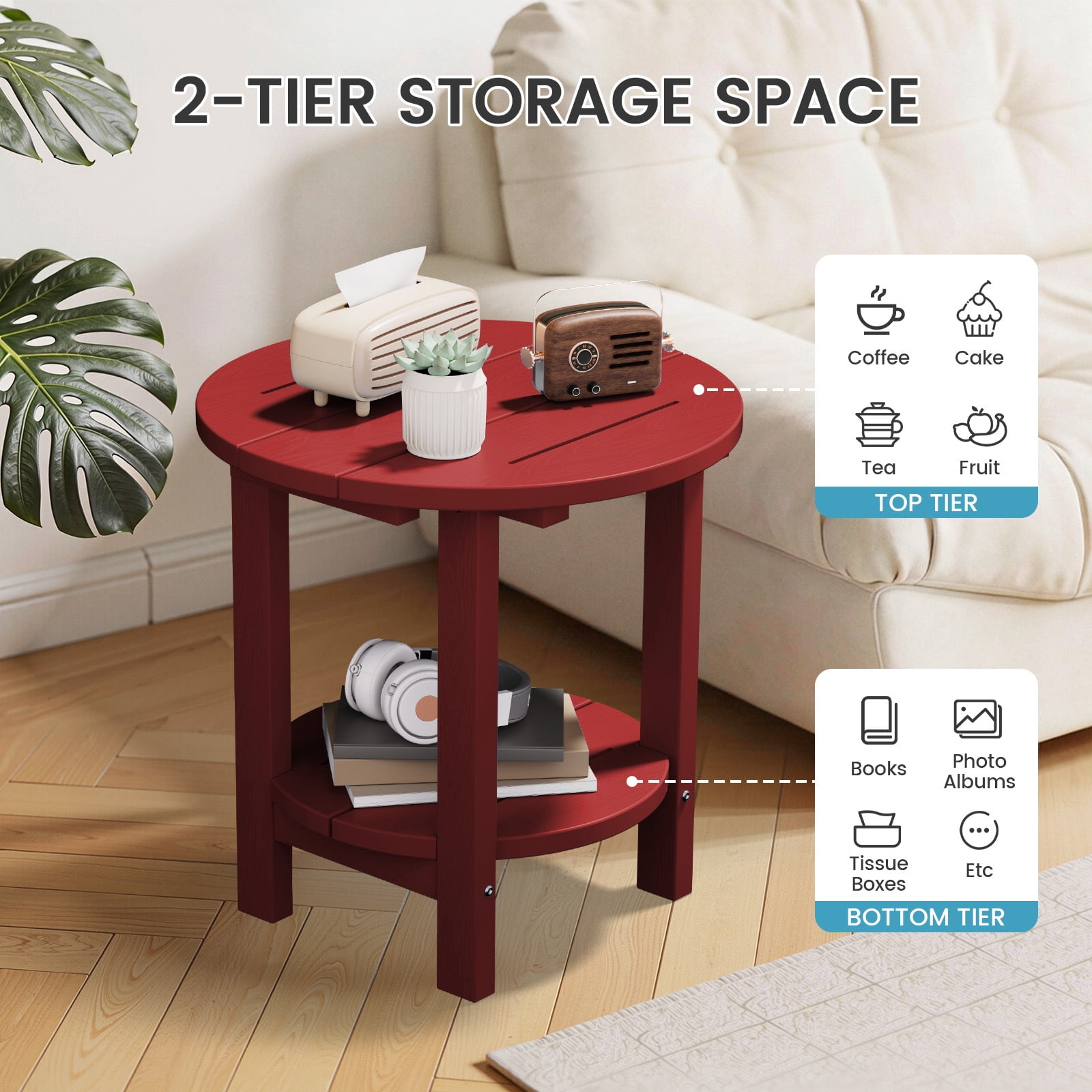 FUNDAZE 2-Tier Round HDPE Patio Side Table, End Tables For Living Room, Waterproof Indoor & Outdoor Small Table for Poolside, Garden, Dark Red