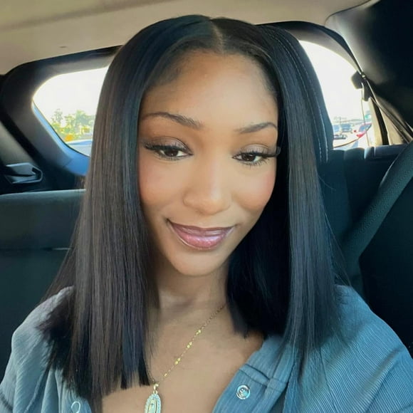 Woeilo Short Straight Bob Wig Yaki Straight Shoulder Length Bob Wigs for Black Women Kinky Straight Natural Black Synthetic Hair 1B 12 Inch