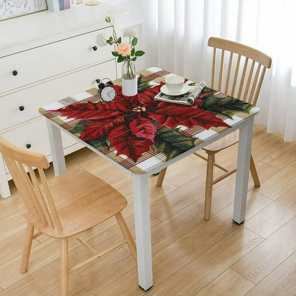 HAOXIT  Elastic Edged Flannel Backed Vinyl Fitted Table Cover - Christmas Flower Pattern- Fits Square Tables white