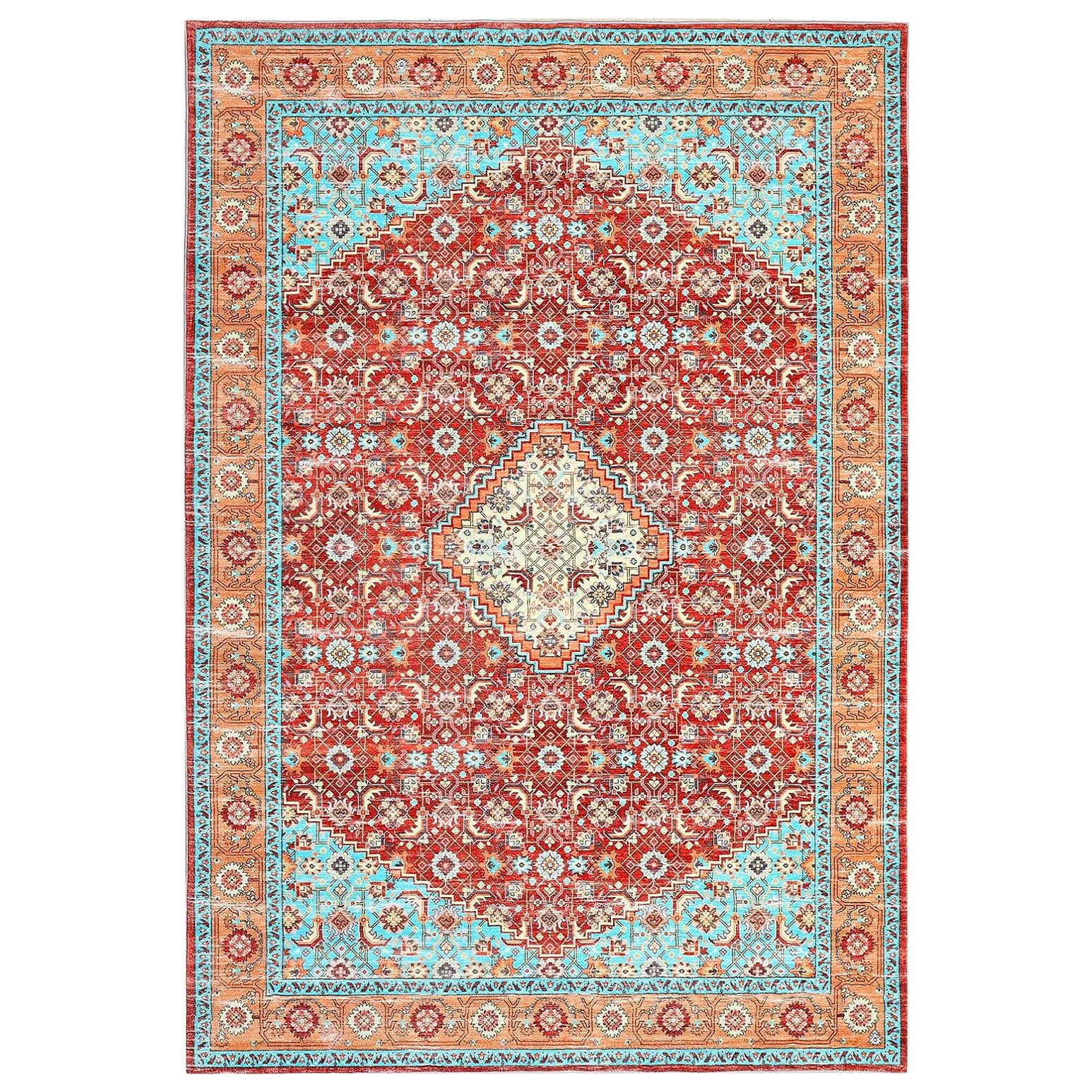 Tzou Persian Washable Rugs 6x9ft for Living Room(Red/Turquoise)