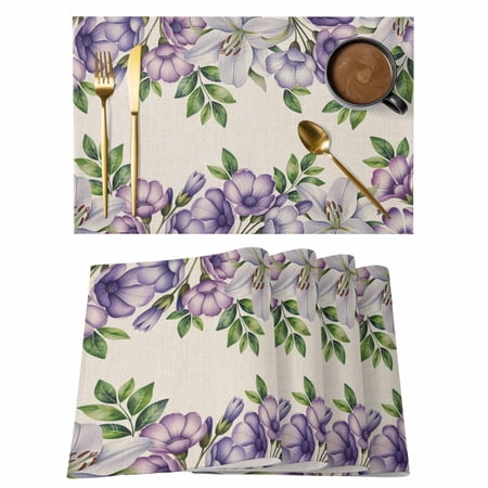 Purple White Flowers Placemats Set of 1 Spring Plants Green Leaf Watercolor Linen Texture Non-Slip Place Mats Washable Table Mats for Kitchen Dining Table Decorations Indoor/Outdoor