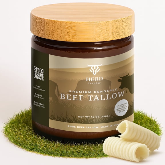 Herd Tallow Pure Beef Tallow 14oz Jar - Rendered Fat for Cooking, Paleo, Keto-Friendly