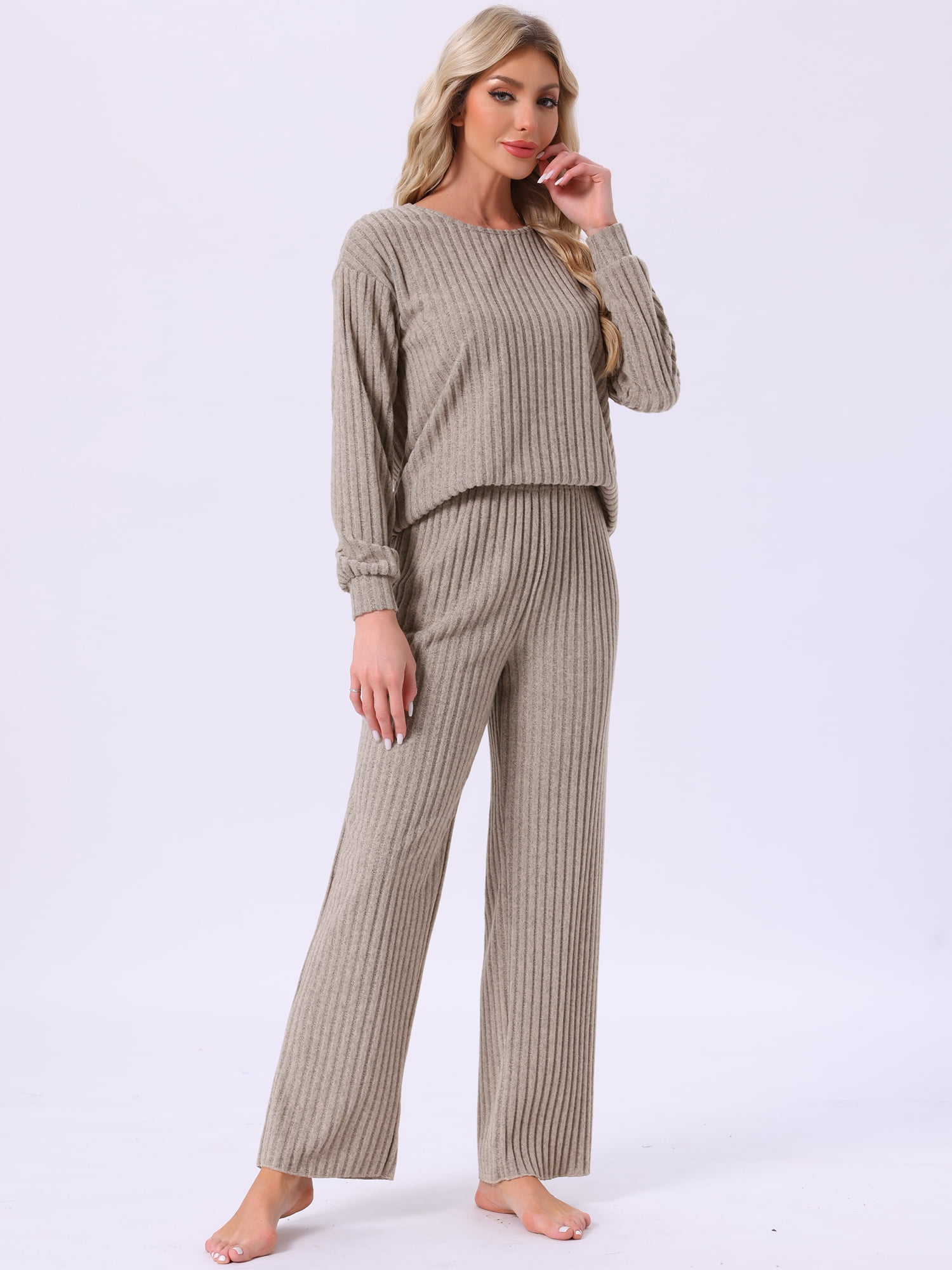 DARING DIVA Ribbed Knit Pajama 2 Piece Long Sleeve Top Pants Sleepwear XL Camel