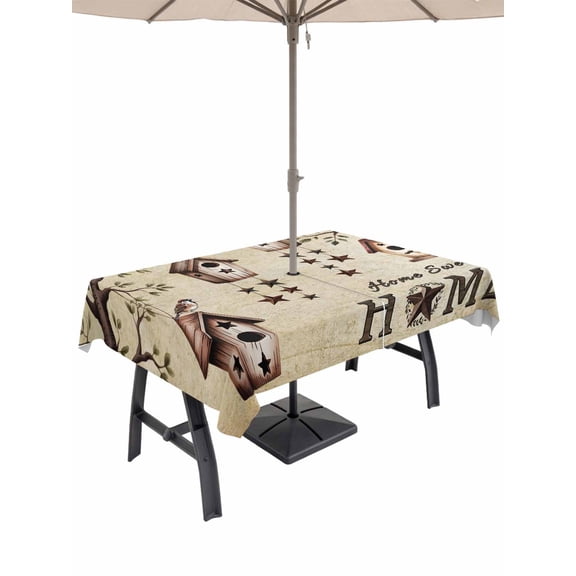 Outdoor Tablecloth with Umbrella Hole and Zipper, Sweet Home Rectangle Table Cloth 54x80 Inch Waterproof Tablecloth, Western Stars Bird Houses Country Vintage Picnic Table Cover for Patio Camping