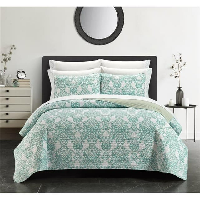 Baskin Quilt Set, Sage Green & White - Twin Size - 6 Piece