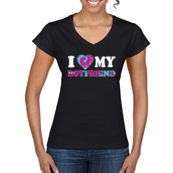 I Love My Boyfriend Tie Dye Pop Culture Women's Standard V-Neck Tee, Black, Small