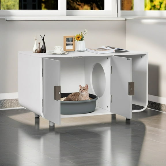 Pefilos 37" Cat Litter Box Enclosure Furniture with Removable Mat, Hidden Indoor Cat House, Gray