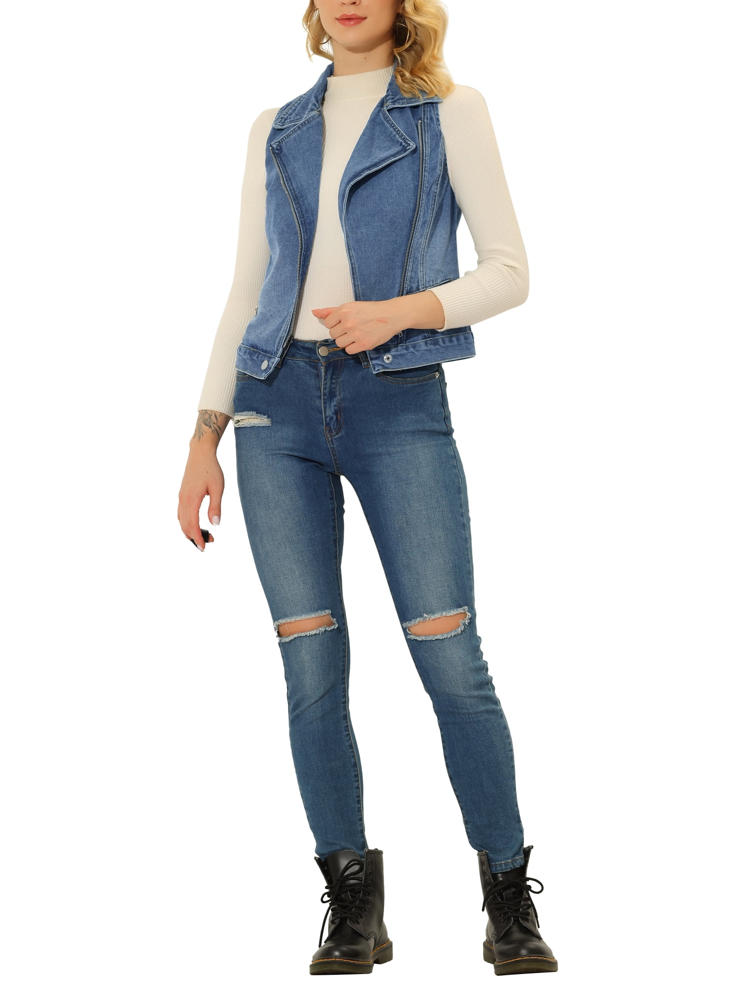 Unique Bargains Women's Notched Lapel Asymmetrical Zip Up Sleeveless Denim Vest Jacket