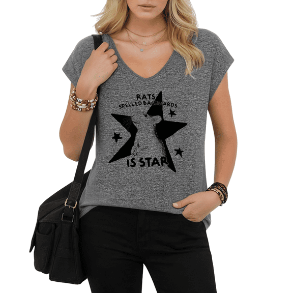 UNISHE Women's Wordplay Rat Graphic V-Neck Short Sleeve T-Shirt Funny Spelled Backwards Tee