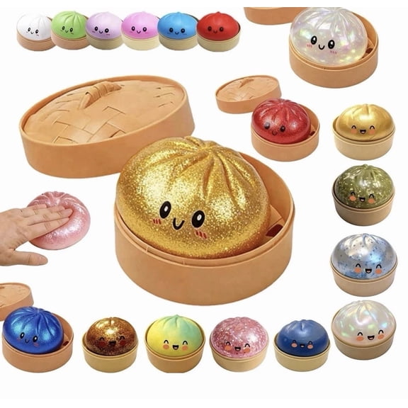 Glitter Dumpling Squishy,Dumpling Squishy, Glitter Mystery Dumplings Box, Colorful Dumplings Stress Balls Fidget Sensory,Limited Edition Squeezable Bun Stress Relief Fidget Toys Great Gifts