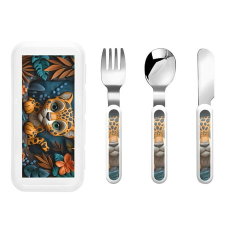 

Salouo Playful Leopard Art Pattern 3 Pieces Toddler Utensils Kids Silverware Set Stainless Steel Utensils for Kids Children Safe Spoons Forks & Knife Dishwasher Safe