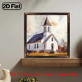 thumbnail image 5 of 2D Flat, 1Pc Wood Frame Sign Rural Church, Steeple Cross, Watercolor Freehand Style Wall Art Paintings Ideal Gift For Living Room Bedroom Corridor Wall Decor Room Decoration 12x12inch, 5 of 7