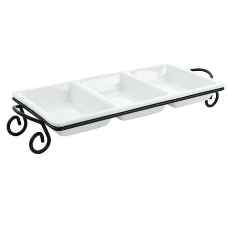 

Elama 3 Section Divided Porcelain Rectangle Serving Tray in White with Metal Rack