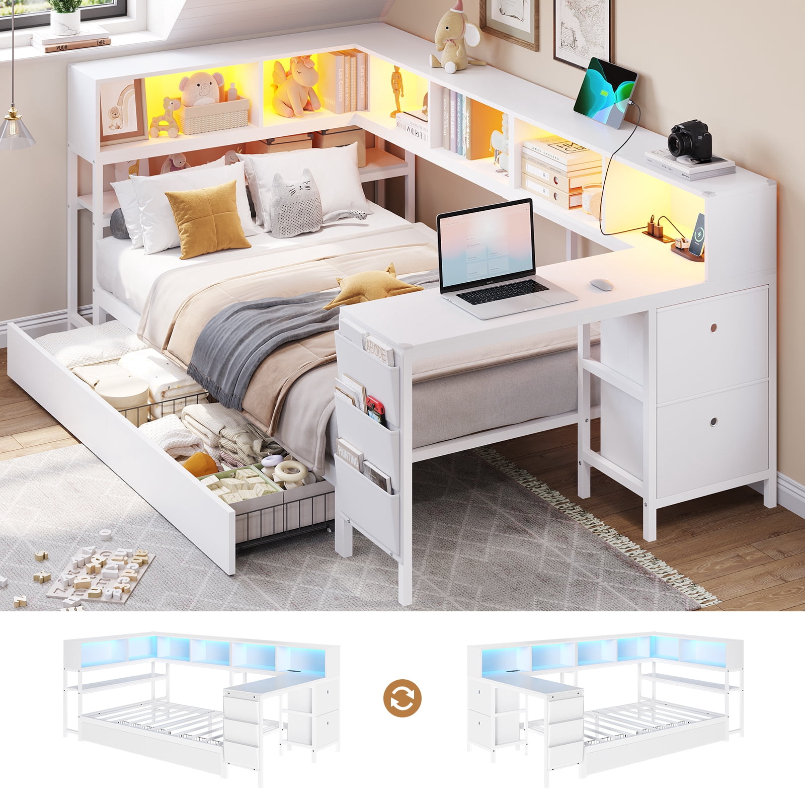 Twin Size Corner Bed Frame with Desk,Charging Station and Bookcase Storage,Twin Daybed with Storage Drawers and Led Lights, Metal Platform Bed Frame with Open Shelves,White