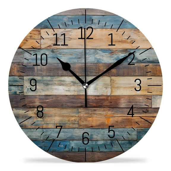 14 Inch Wall Clock Battery Operated Silent Clock Decorative for Office, Kitchen, Outdoor, Living Room,Blue Brown Planks Wooden Art