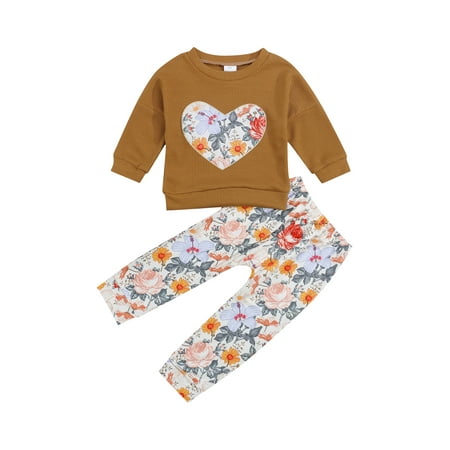 

Toddlers Two Piece Outfit Set Girl Floral Heart Pattern Long Sleeve Sweatshirt Pullover and Solid Color Pants Clothes Set