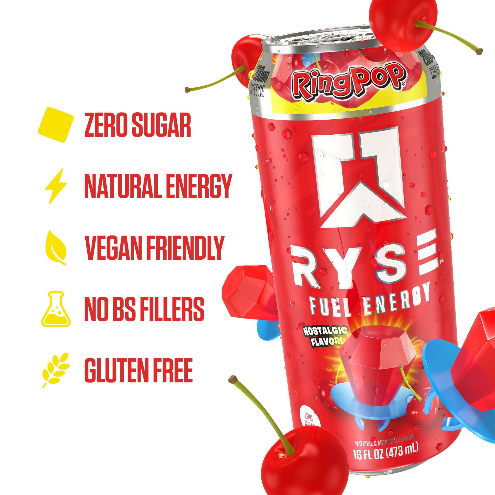 RYSE Fuel Energy Drink - Ring Pop Cherry - Sugar Free - 16 fl oz (12-Pack)