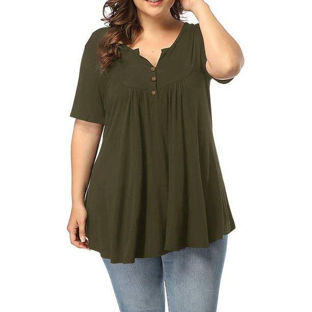 Women's Plus Size V-neck Short Sleeve Henley Shirts Buttons Up Tunic Tops -