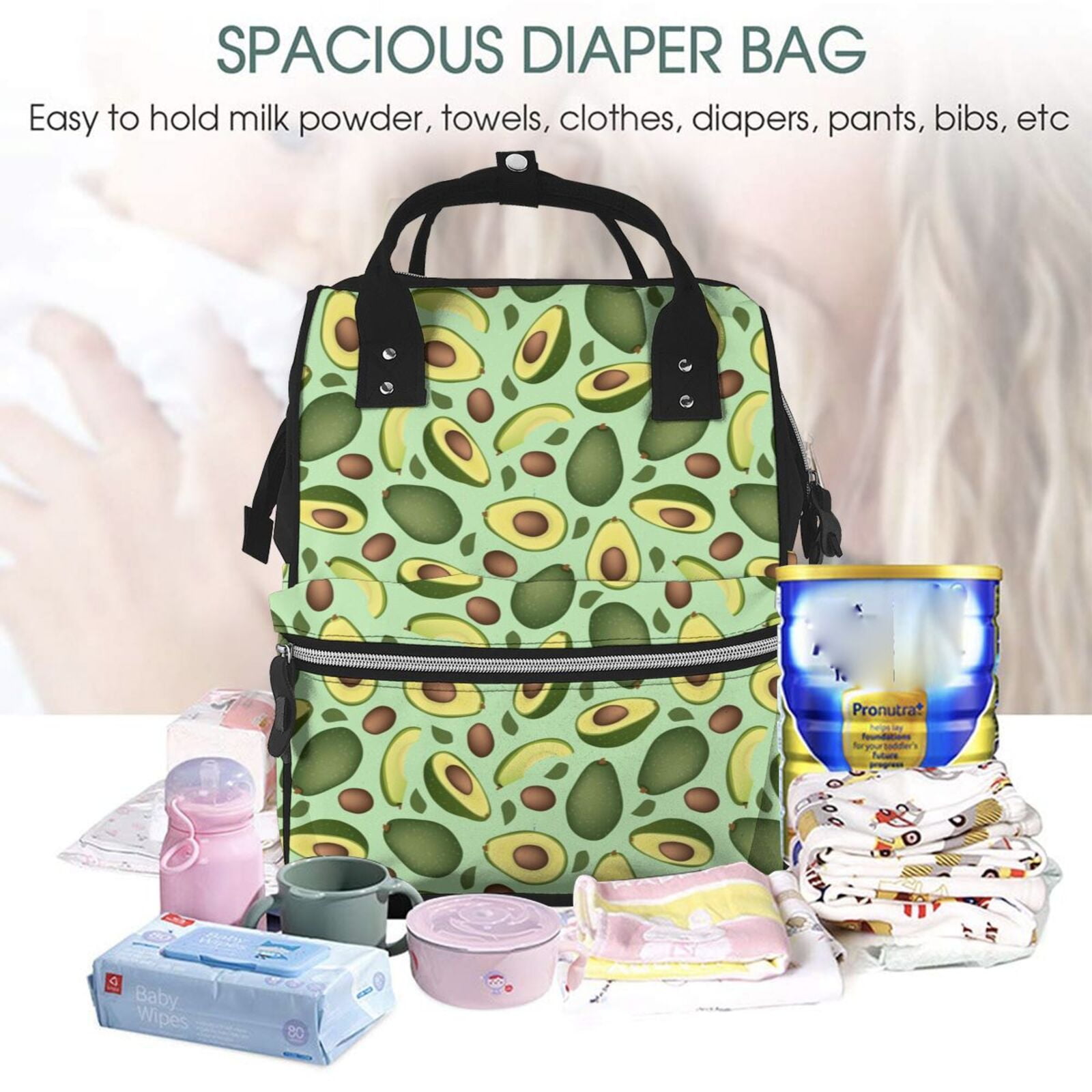 Ratiio Avocado With Seeds Mummy Backpack - Waterproof Twill Canvas, Large Capacity Diaper Bag with Multiple Pockets and Adjustable Straps