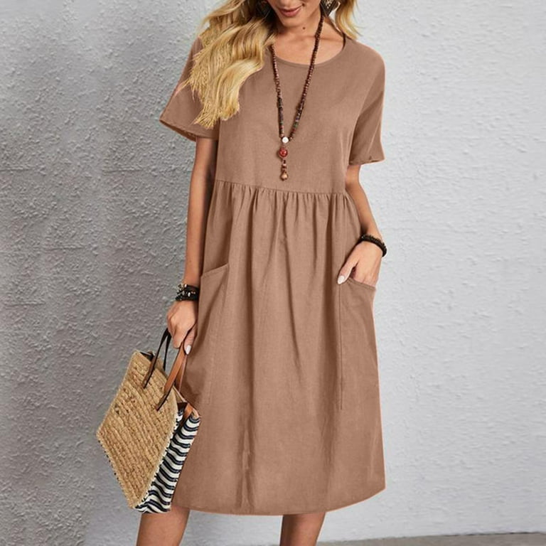 Women Casual Fashion Solid Color Button Crew Neck Short Sleeve Shirt Dress  Ruched Midi Dress V Neck Women Dress Dress Woman Women Dress for Summer  Casual Summer Beach Dress Tan Dress for