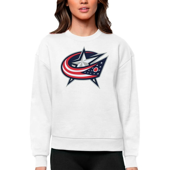 Women's Antigua White Columbus Blue Jackets Primary Logo Team Logo Victory Crewneck Pullover Sweatshirt