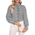 thumbnail image 3 of Mfakffe Long Sleeve Shirts for Women Gingham Plaid Ruffled V‑Neck Button Down Blouse Casual Loose Fit Spring Fall Tops, 3 of 5