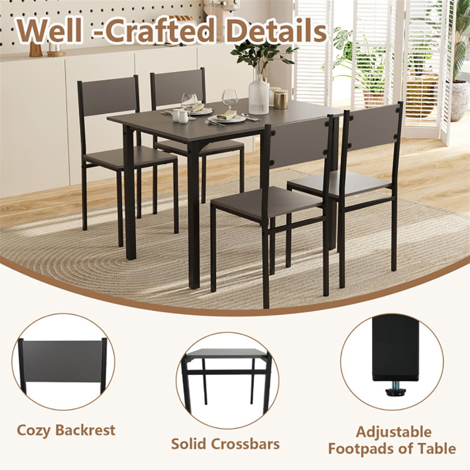 Demi Bonn 5-Piece Dining Table Set with 4 Chairs, 43"dustrial Kitchen Table with Metal Frame, Perfect for Small Space, Gray