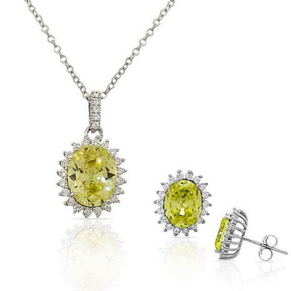 925 Sterling Silver Yellow Citrine-Tone White CZ Oval Charm Necklace Stud Earrings Set