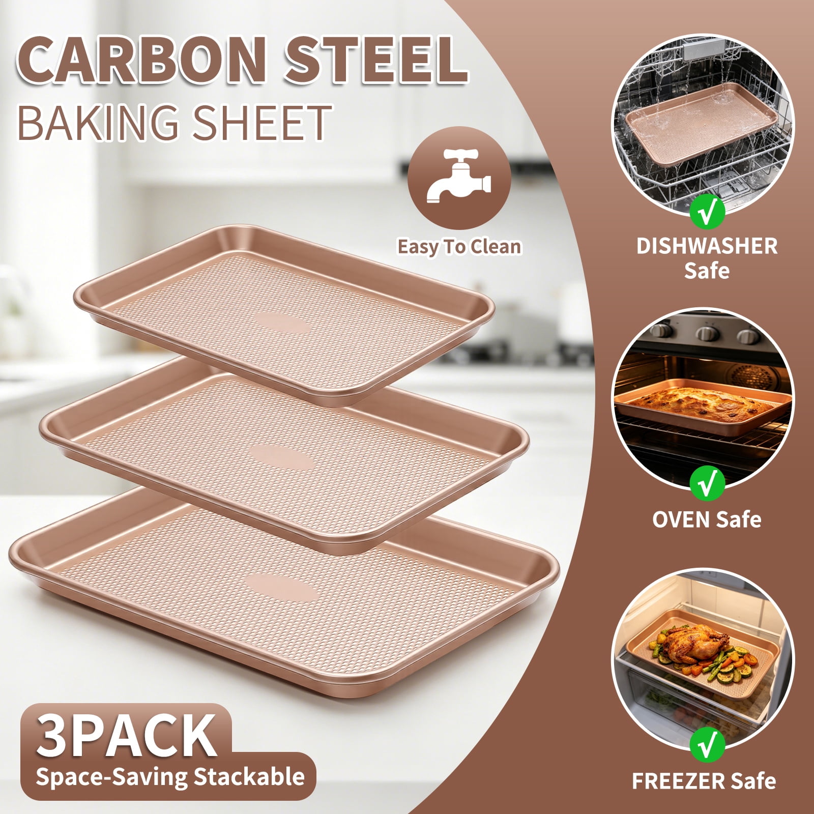 Baking Sheet Set, Nonstick Diamond-Texture Carbon Steel, Stackable, Easy Clean, Champagne Gold, 3-Piece, Up to 12.6x17.5 Inches