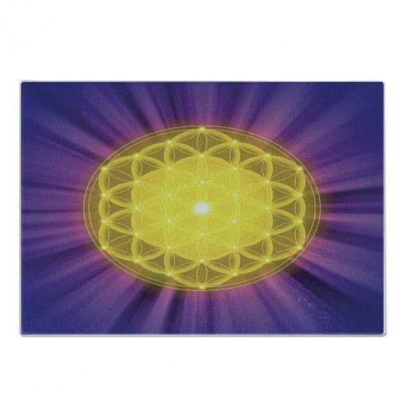 Purple Mandala Cutting Board, Geometry Themed Print Flower of Life Motif with Purple Shade Rays, Decorative Tempered Glass Cutting and Serving Board, Small Size, Multicolor, by Ambesonne