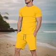 thumbnail image 2 of Mens Short Sets 2 Piece Outfits Summer Casual Soft Breathable Cotton Short Sleeve Shirts and Shorts Solid Color Men's Fashion Clothes Yellow, Size XL, 2 of 7