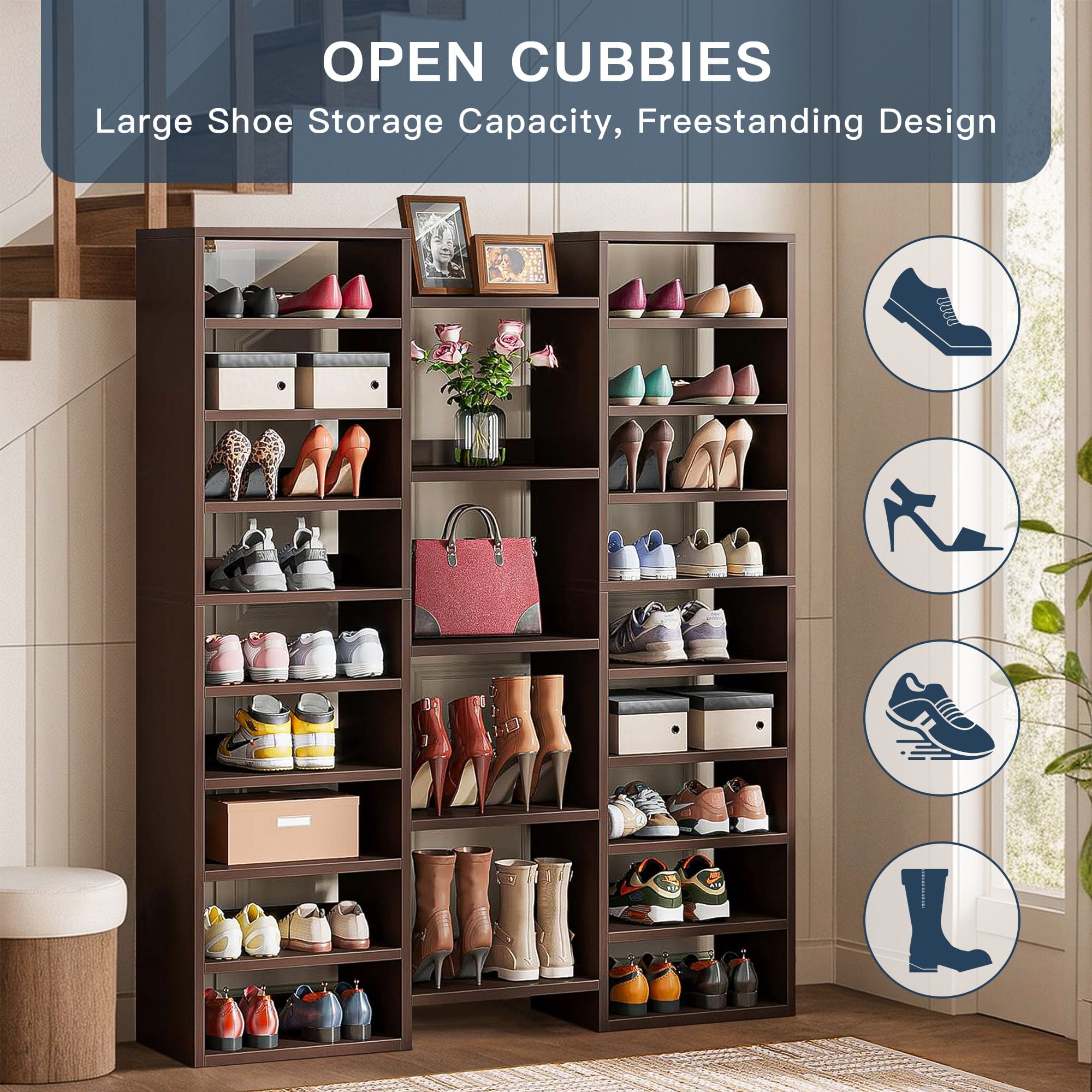 Demi Bonn Elegant Wooden Shoe Storage Cabinet, Space-Saving Solution with Cubbies for 23 Pairs, Freestanding Shoe Rack Organizer, Brown