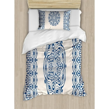 Bohemian Twin Size Duvet Cover Set, Watercolor Art Style Folkloric Gypsy Motif Asian Round Mandala Tribal, Decorative 2 Piece Bedding Set with 1 Pillow Sham, Dark Blue and Cream, by Ambesonne