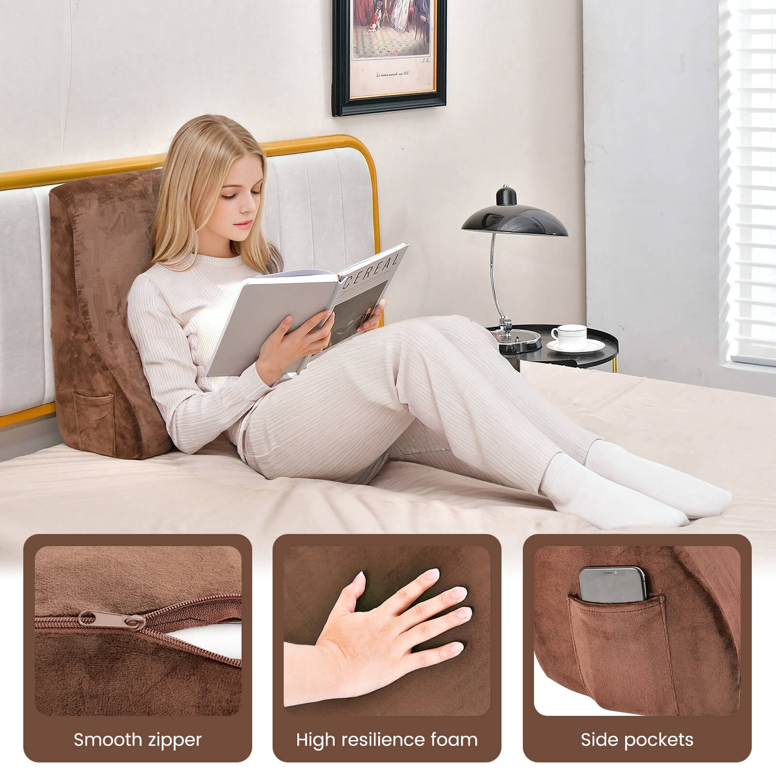 Costway Bed Wedge Pillow with 2 Side Pockets Support for Back Smooth Zipper Brown