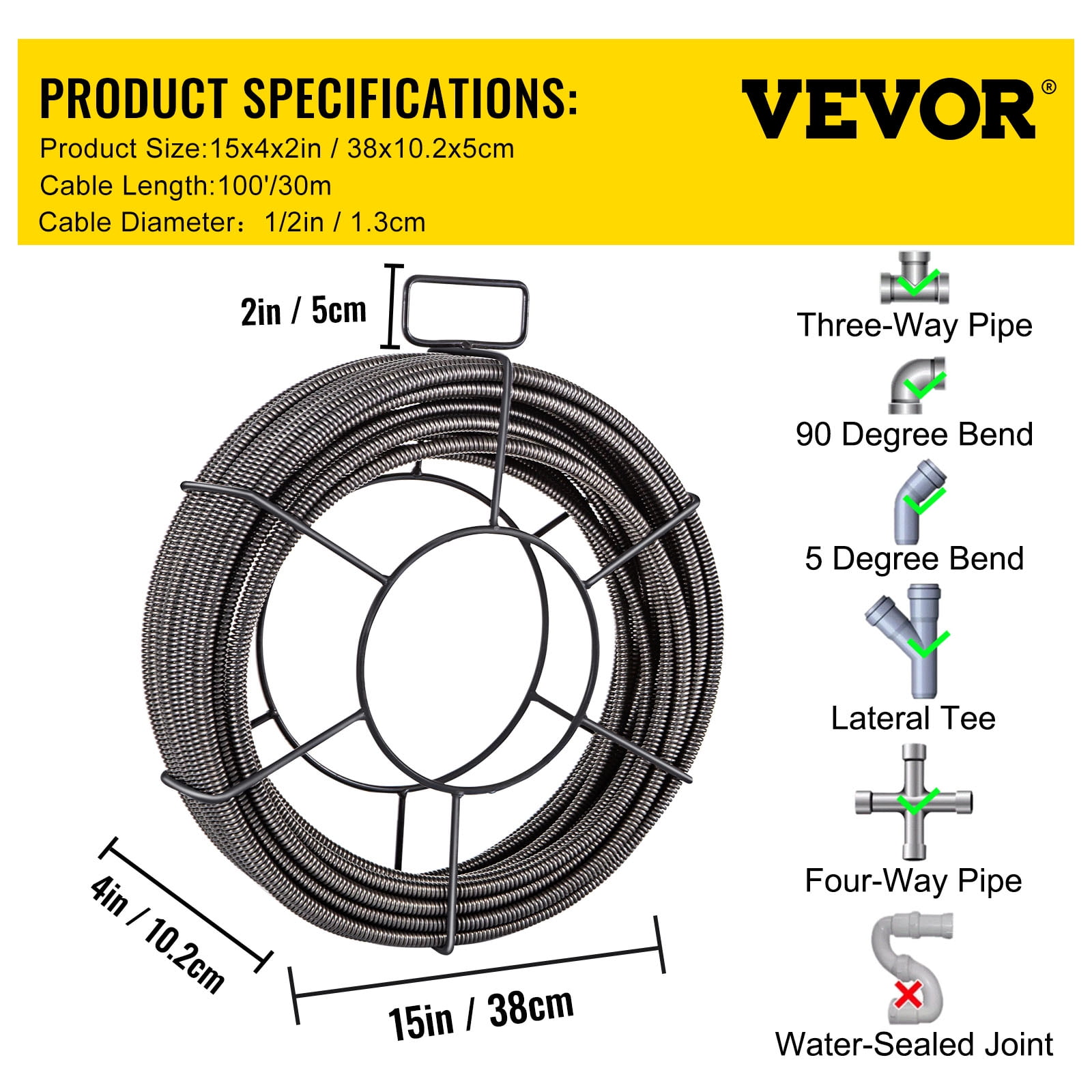 SKYSHALO Drain Cleaning Cable 100 Feet x 1/2 Inch Solid Core Cable Sewer Cable Drain Auger Cable Cleaner Snake Clog Pipe Drain Cleaning Cable Sewer Drain Auger Snake Pipe