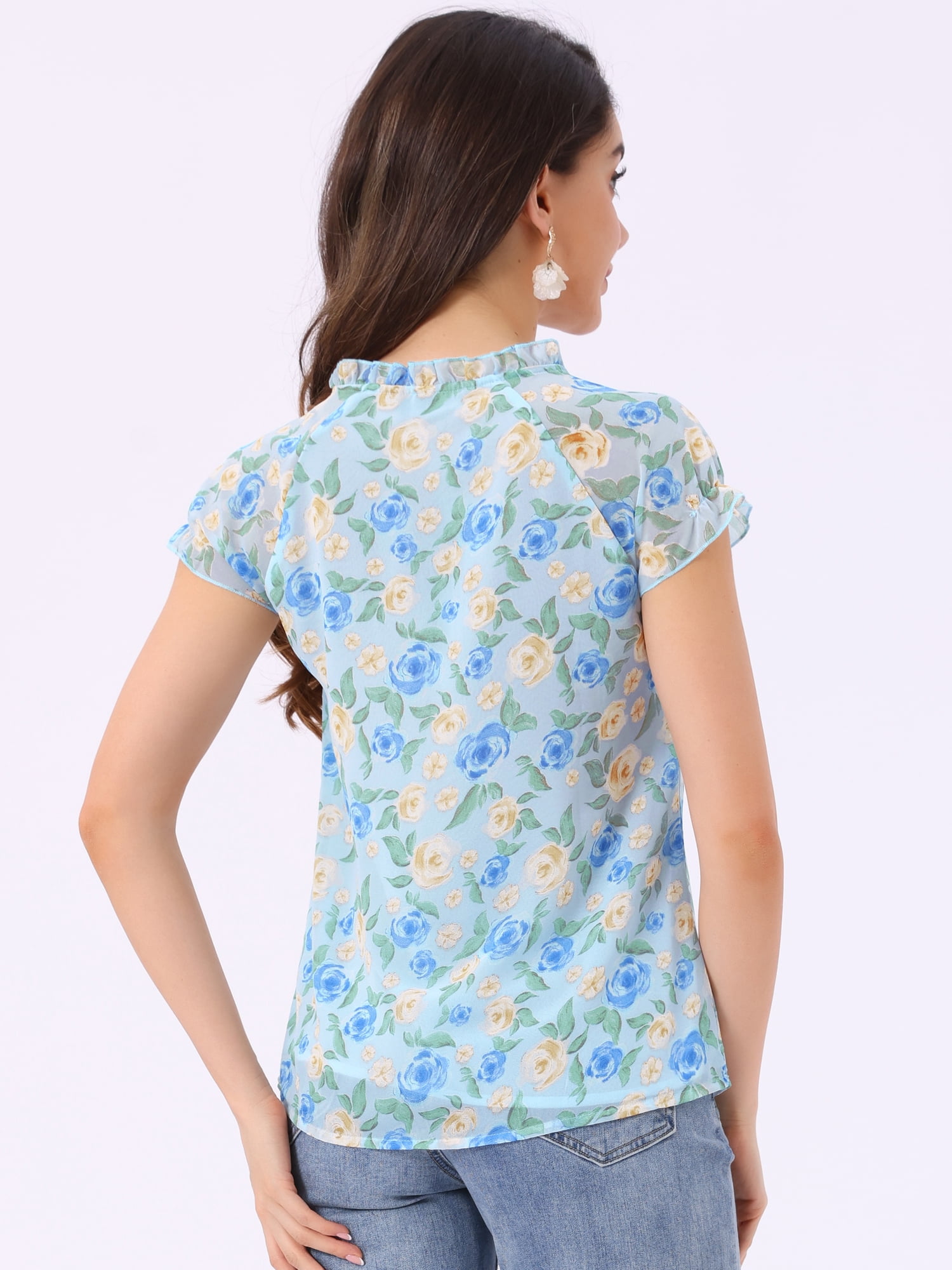 DARING DIVA Ruffle V Neck Cap Sleeve Chiffon Floral Blouses S Sky Blue