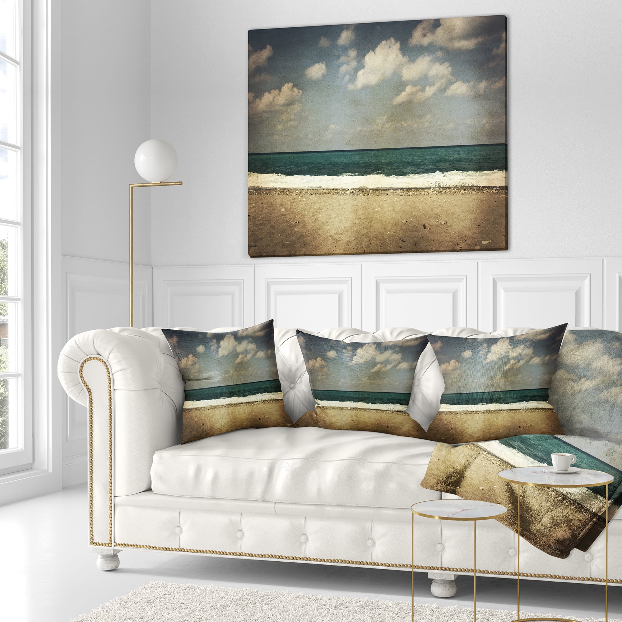 Designart Vintage Beach with Heavy Clouds - Seashore Throw Pillow - 18x18