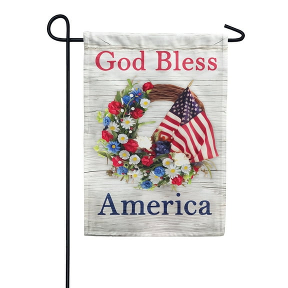 America Forever God Bless America Wreath Double Sided Garden Flag, 12.5 x 18 inch, Red White Blue Flowers Banner, Patriotic Faith Outdoor Decor, Prayer Yard Flag