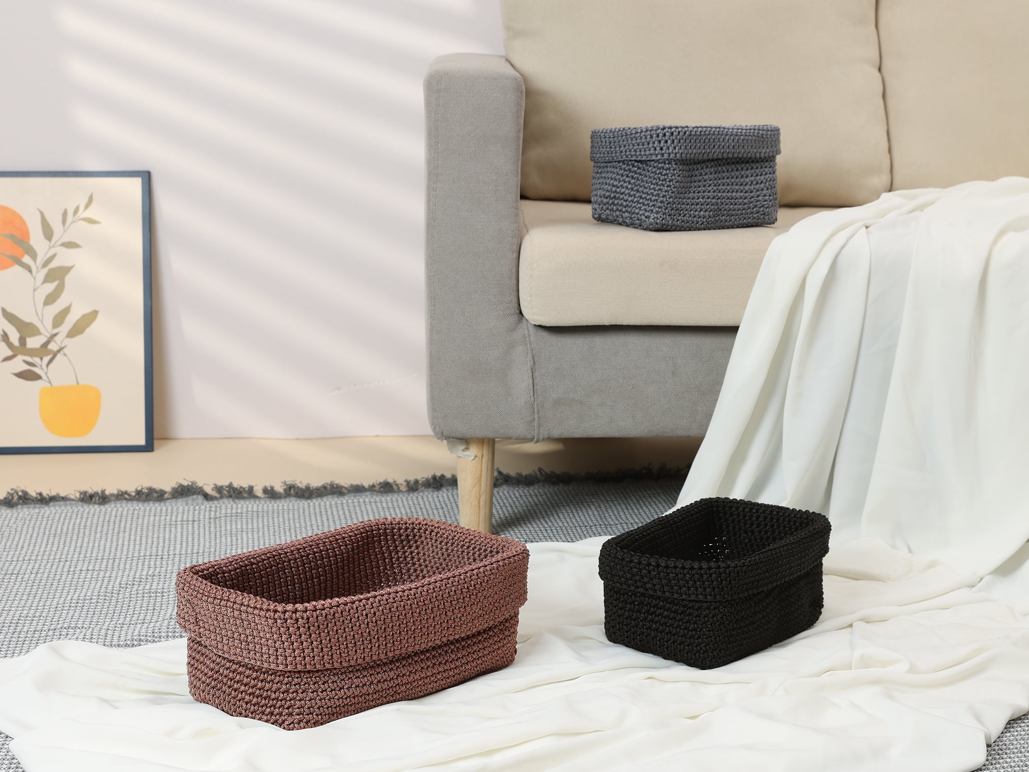 Unique Bargains 3 Packs Woven Storage Basket for Entryway Desk Gray 11.4*5.9*7.3in