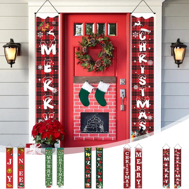 Cortina de puerta de pareado navideño - Cubierta de puerta de poliéster en pack de 2 con agujeros colgantes, decoración navideña roja y verde de 30x180 cm para festividades y fiestas de primavera
