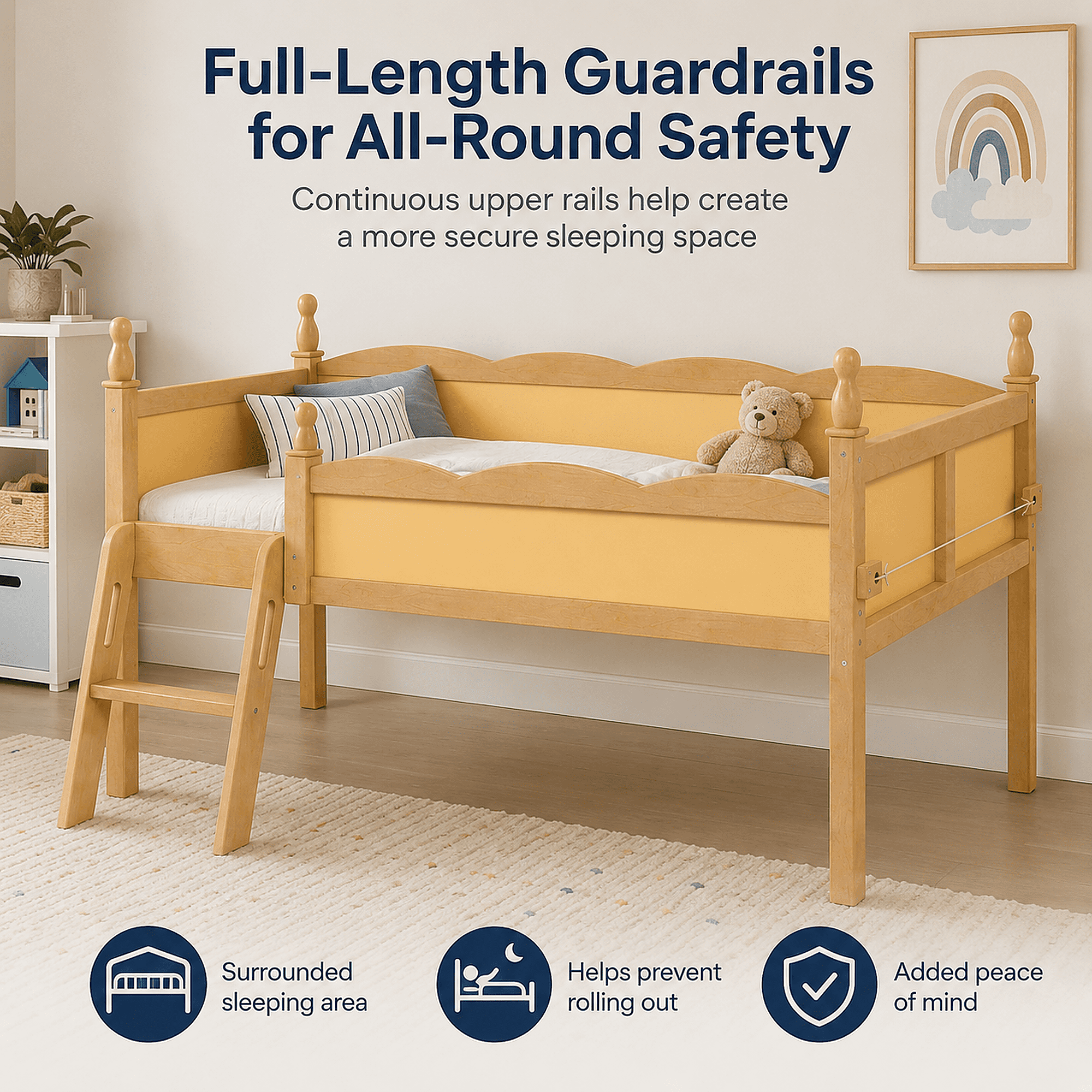 Miniyam Twin Low Loft Bed with Bookshelf and Guardrails, Wood Kids Bed for Bedroom, Natural