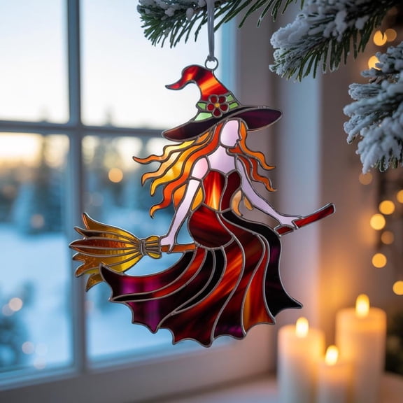 Witch Acrylic Suncatcher Halloween Window Hanging, Witch on Broom Ornament, Spooky Autumn Home Decor