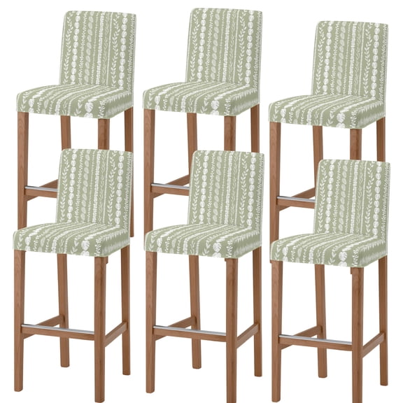 Sage Green Botanical Bar Stool Covers - Stretch Dining Chair Covers Set of 6, Summer Leaf Farmhouse Striped Bar Chair Cover Removable Counter Stool Pub Chairs Slipcovers Protectors for Kitchen/Cafe