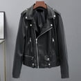thumbnail image 3 of Women Jacket Faux Leather Smooth Surface Turn-down Collar Zip-up Zipper Decor Long Sleeves Motorcycle Coat Travel Outerwear, 3 of 7