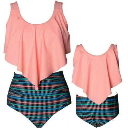 Franhais Mommy and Me Swimsuit  2-Piece Bikini Set Sleeveless Back Straps Tie Bra Top  Solid Color/Printed High Waist Triangle Panty Set