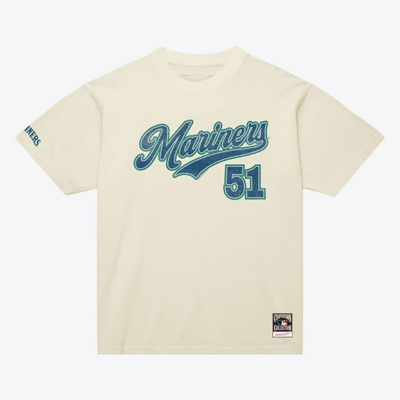 Men's Mitchell & Ness Ichiro Suzuki Cream Seattle Mariners Cooperstown Collection Throwback Name & Number T-Shirt