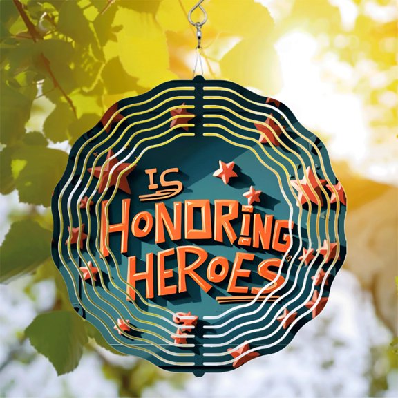 Metal Hanging Wind Spinners with Concentric White Lines & Orange ' IS HONORING HEROES ' Text - Stunning Garden Decor for Yard