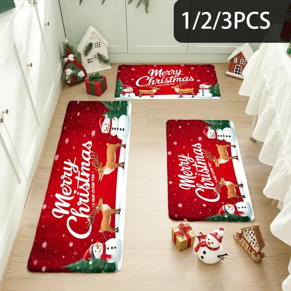 3PCS Kitchen Mat set, Welcome Door Flannel Rug,Home Decor for Front Door,Kitchen, Bathroom, Merry Christmas Snowmen And Gifts ,Great gift for Family and Friends.