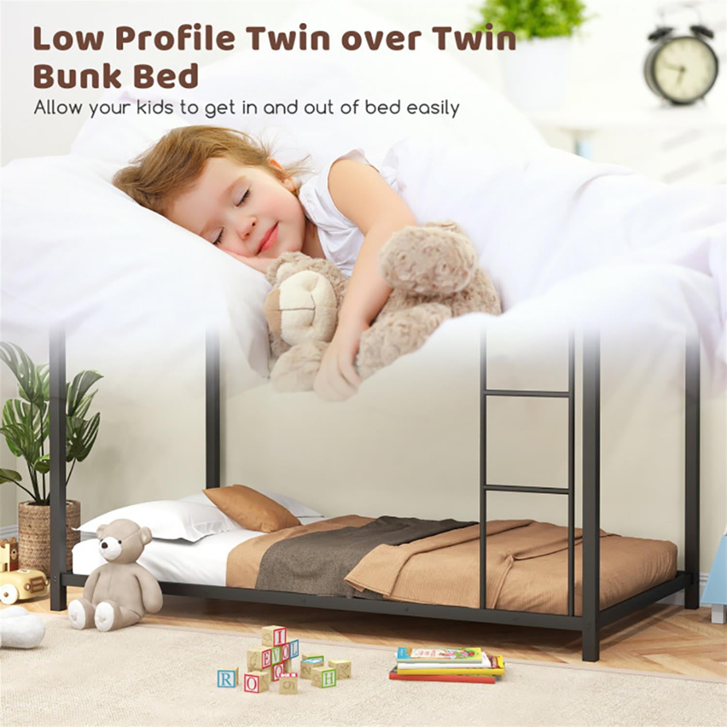 Demi Bonn Low Profile Twin Over Twin Bunk Bed with Full-length Guardrails, Sturdy Metal Twin Bunk Beds, Bed Frame, Black