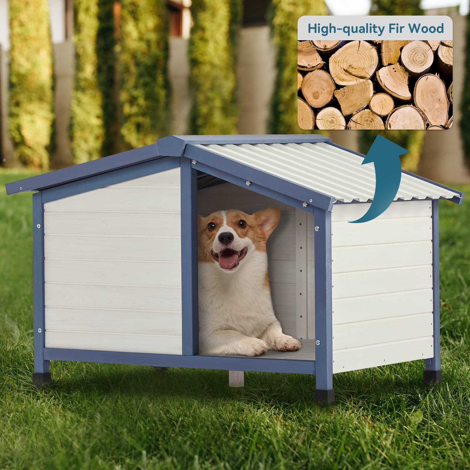 Petsfit Outdoor Dog House, Openable Asphalt Roof Dog House for Medium Dogs, Waterproof PVC Roof, White